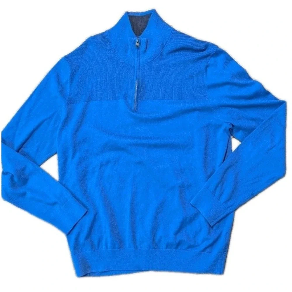 Banana Republic L 1/4 Zip Sweater Blue Pima Cotton Cashmere Timeless Mock Neck